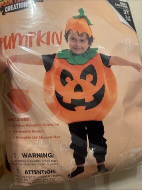 Kids Orange Pumpkin One-Piece Costume with Green Leaf Collar (3T-4T)